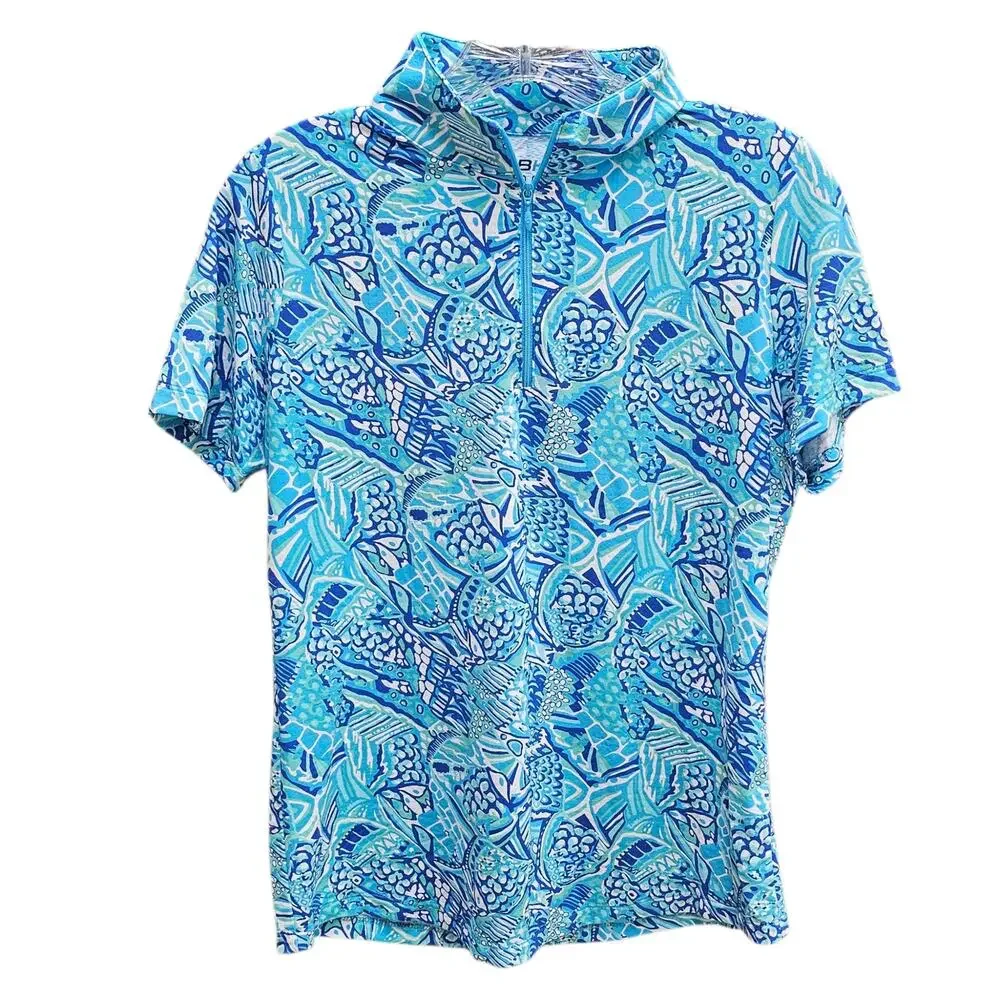 IBKUL Krista Blue Turquoise Short Sleeve Mock Neck 1/4 Zip Golf Tennis Shirt S